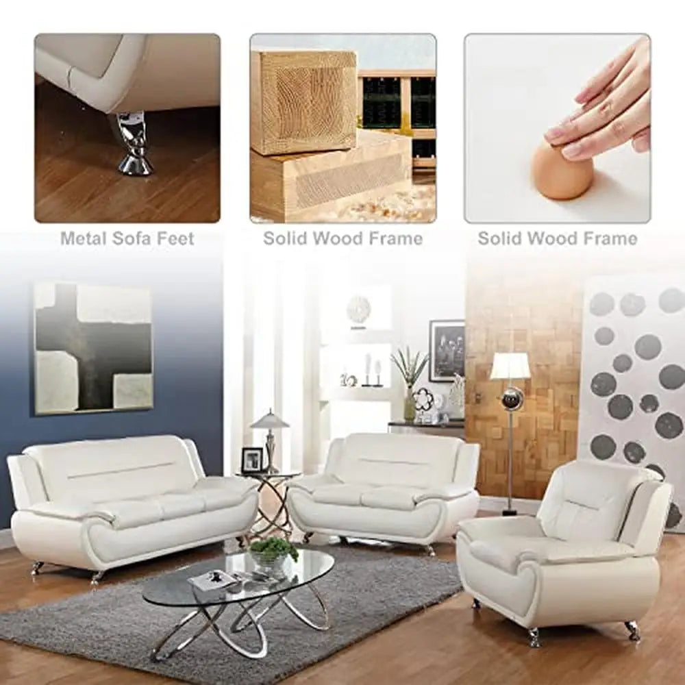 3-Piece Modern Living Room Furniture Set Leather Sofa Loveseat Armchair Cream Ergonomic Design Durable Wood Frame Easy-to-Clean