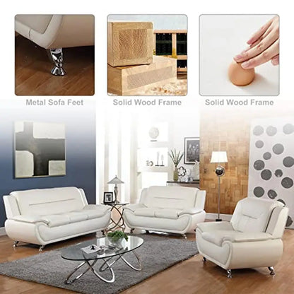 3-Piece Modern Living Room Furniture Set Leather Sofa Loveseat Armchair Cream Ergonomic Design Durable Wood Frame Easy-to-Clean