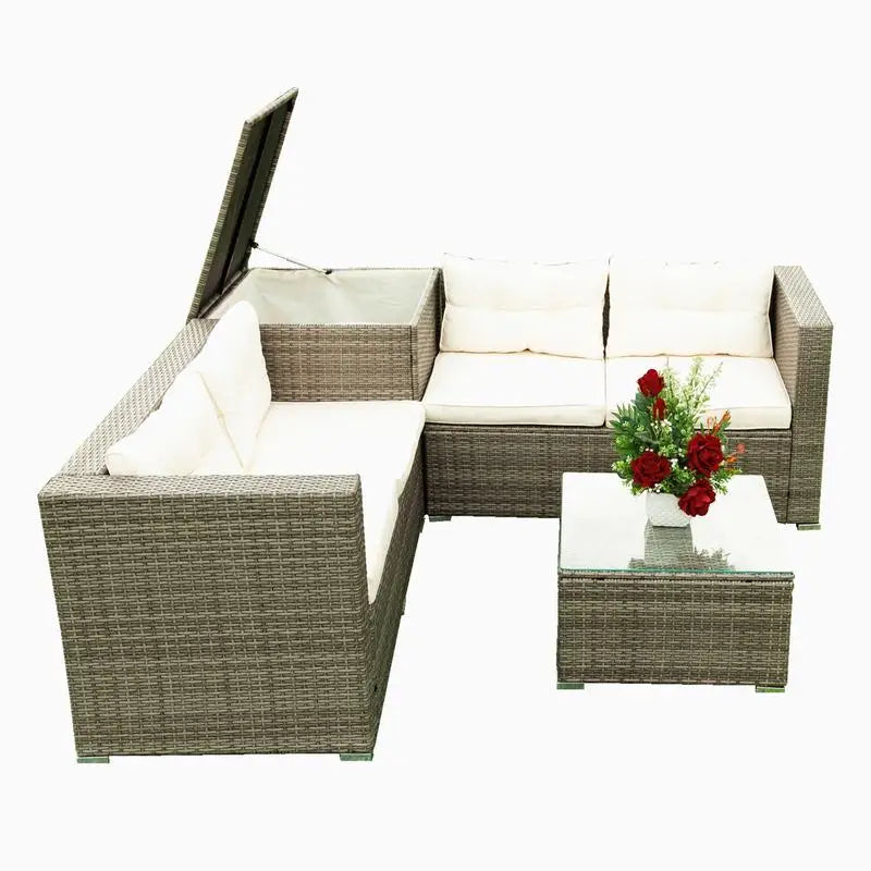 4-Piece Patio Sectional Rattan Sofa Set with Storage - Grey Wicker with Cream Cushions