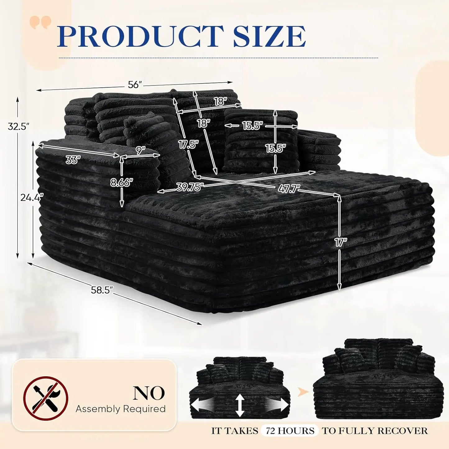 Oversized Chaise Lounge Indoor, Modern Plush Corduroy Fabric Deep Seat Boneless Memory Foam Sleeper Chaise Lounge Sofa Chair wit