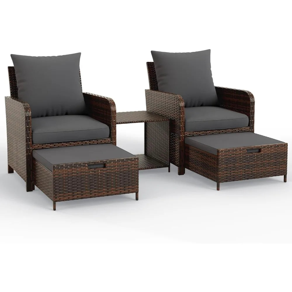 5-Piece Wicker Patio Furniture Set with Ottoman for Small Space Balcony Chairs and Footrest