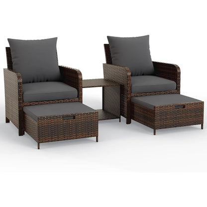5-Piece Wicker Patio Furniture Set with Ottoman for Small Space Balcony Chairs and Footrest