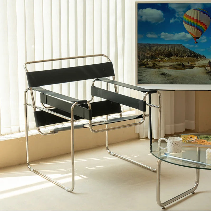 MOMO Chair Lazy Sofa Scandinavian Saddle Leather Single Chair Stainless Steel Leisure Single Sofa Chair Lounge Chair