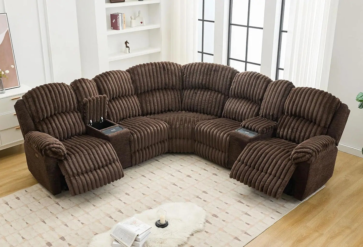 Power Reclining L-Shaped Fuzzy Rabbit Plush 5-Seater Sectional Sofa Set with Wireless Charger, USB Type-C Port & Storage Console