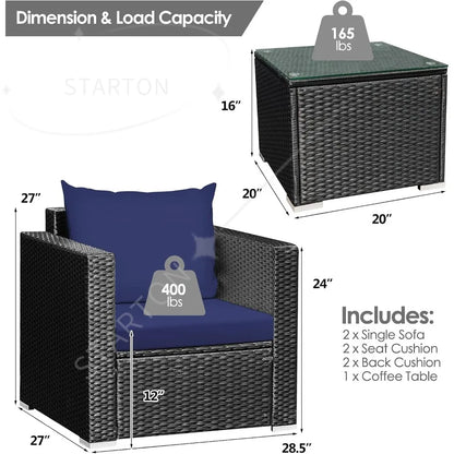 Three Piece Patio Set, Outdoor Rattan Sofa With Cushions, Tempered Glass Tabletop, Wicker Conversation Furniture