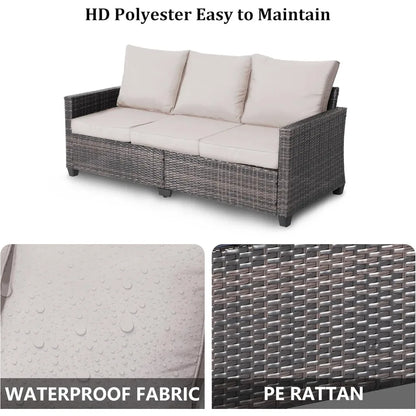 "3-seat weather-resistant wicker patio sofa with high curved back and plush cushions"