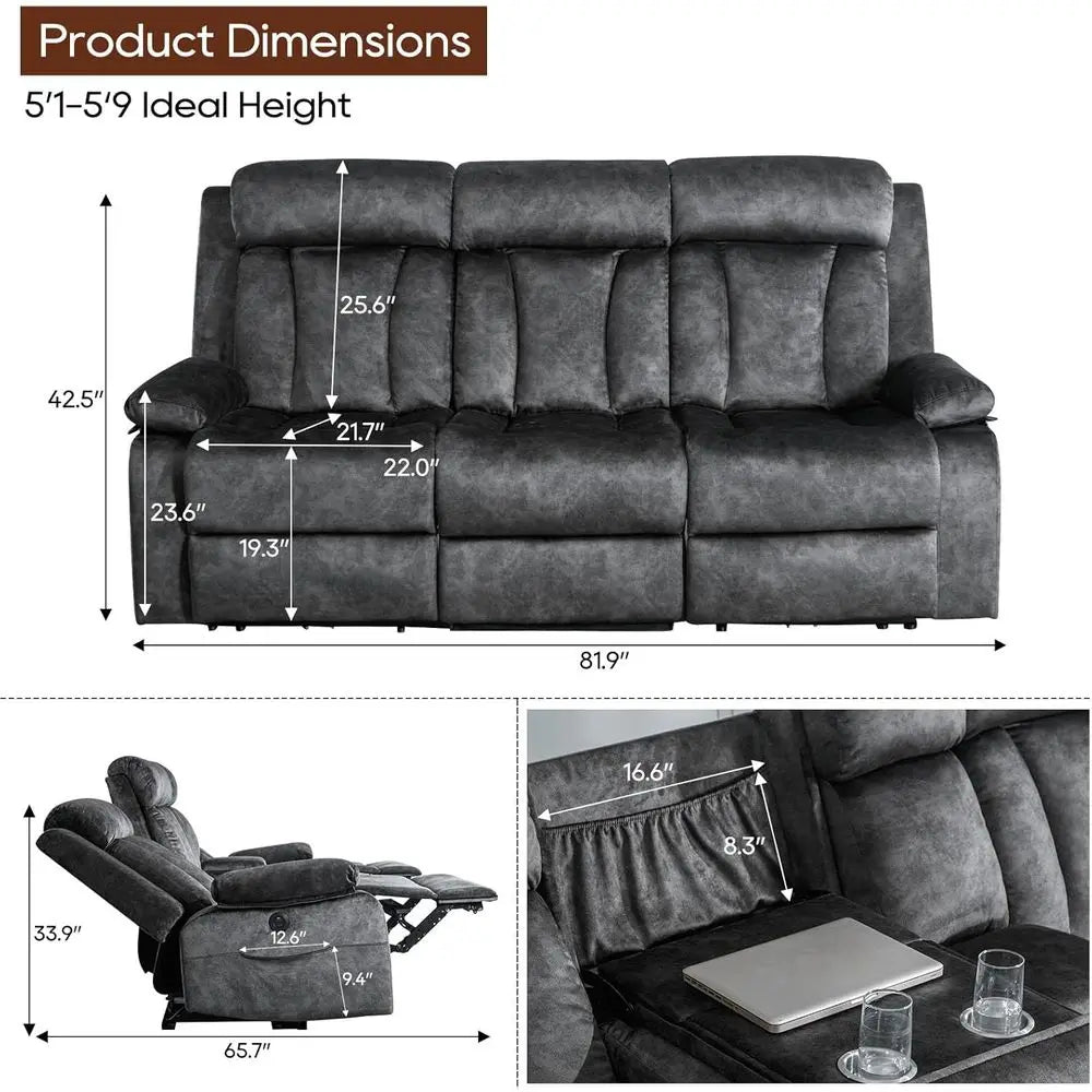 2-Piece Grey Reclining Couch Set with Padded Seats and Cup Holders for Living Room, Office, or Home Theater