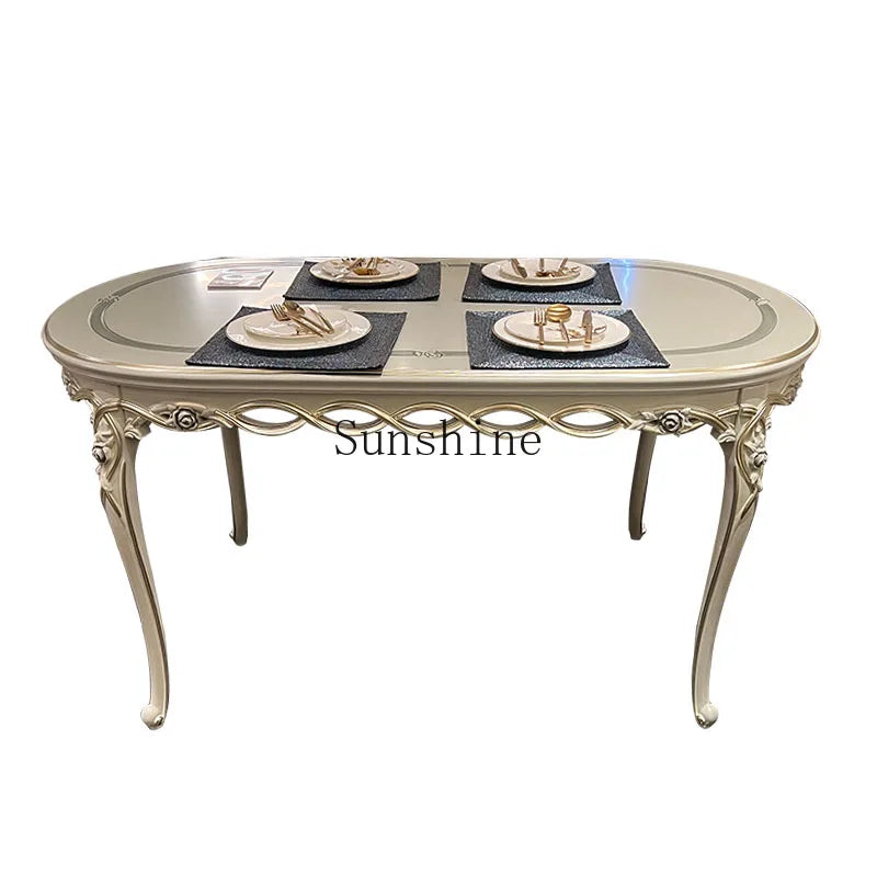 European solid wood oval rectangular dining table and chairs combination luxury restaurant French 6 people gold foil