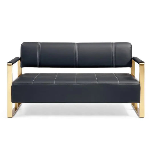 57.9" Modern Faux Leather Loveseat Sofa for Living Room, Office, or Studio - 2 Seater Couch with Gold Metal Arms, Black