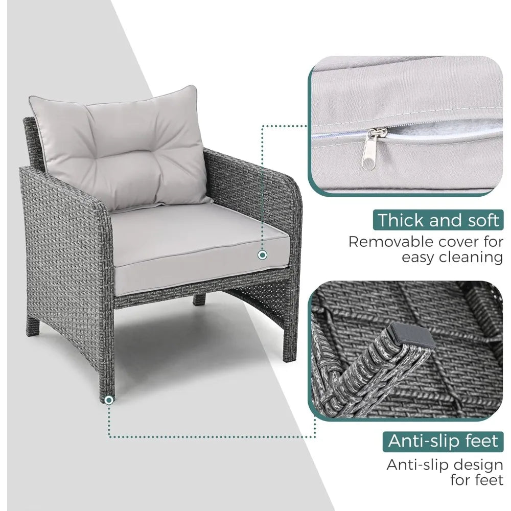 5 Pieces Outdoor Patio Wicker Chairs Set with Ottoman Outside Conversation Furniture Set with Cushions and Coffee for Ba