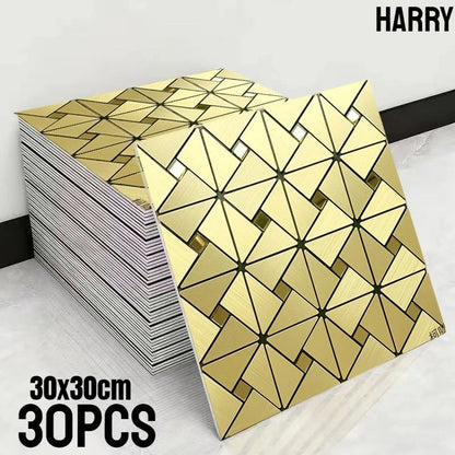 Self-adhesive Metal Mosaic Tiles Aluminum Composite Backsplash Gold Windmill Mosaic Glass Self-adhesive Kitchen Wall Decoration.