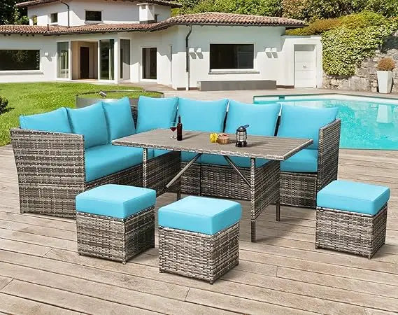 Patio Furniture Set, 7 Pieces Outdoor Patio Furniture with Dining Table&Chair, All Weather Wicker Conversation Set with Ottoman