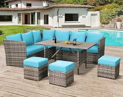 Patio Furniture Set, 7 Pieces Outdoor Patio Furniture with Dining Table&Chair, All Weather Wicker Conversation Set with Ottoman