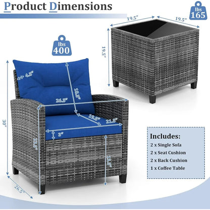 3 Piece Outdoor Patio Furniture Set PE Rattan Conversation Chairs with Washable Cushions Tempered Glass Table Top for Garden