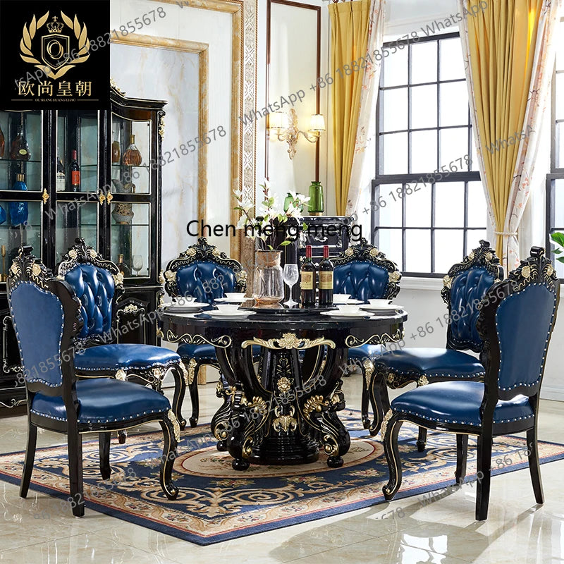 Luxury European dining table Large round table Marble dining table and chair combination American carved family