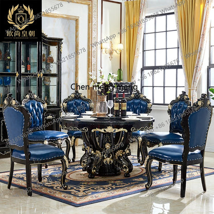 Luxury European dining table Large round table Marble dining table and chair combination American carved family