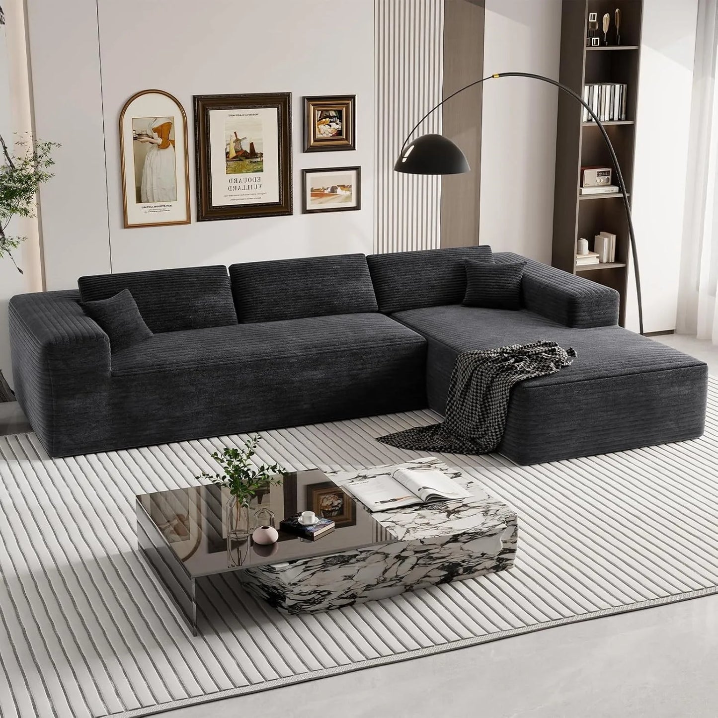 3-seater L-shaped Modular Sofa Black Corduroy Left Chaise Lounge Chair Couch