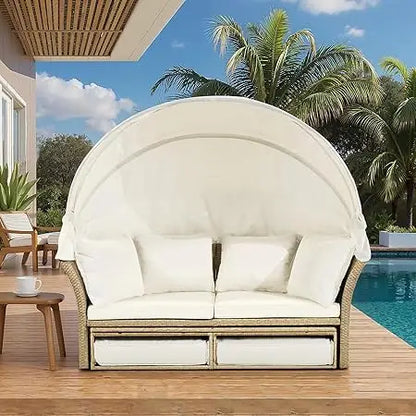 Outdoor Canopy Bed Patio Daybed with 4 Pillows, Wicker Rattan Double Daybed Round Sofa Furniture Set with Retractable Canopy, 2