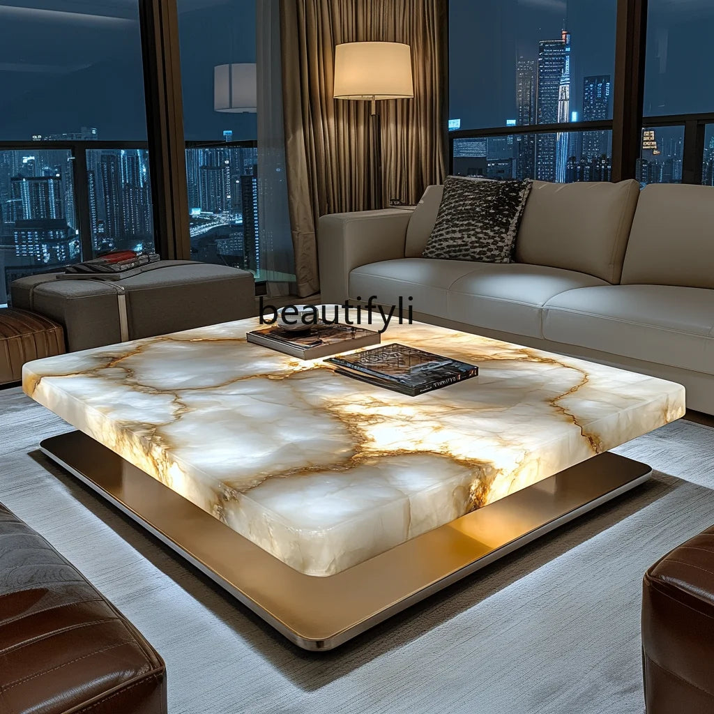 Square luminous jade coffee table villa living room high-end marble home, light luxury minimalist luxury stone