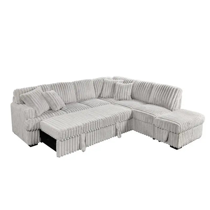 Gray Corduroy L-Shaped Sleeper Sofa Bed with Storage Ottoman Sectional Couch for Living Room, Fold-Out Bed and Seating Solution