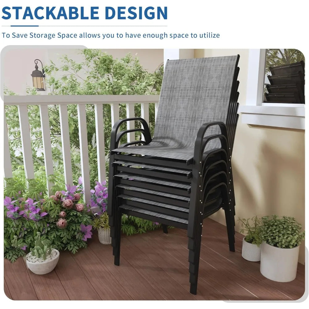 Set of 6 Stackable Outdoor Dining Chairs - All-Weather Textilene Patio Chairs with Armrests