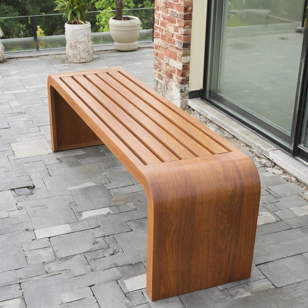 Banc carré en bois rayé et fer pour loisirs publics en plein air, jardin, cour, patio, salle de sport ou centre commercial, rangée de courses