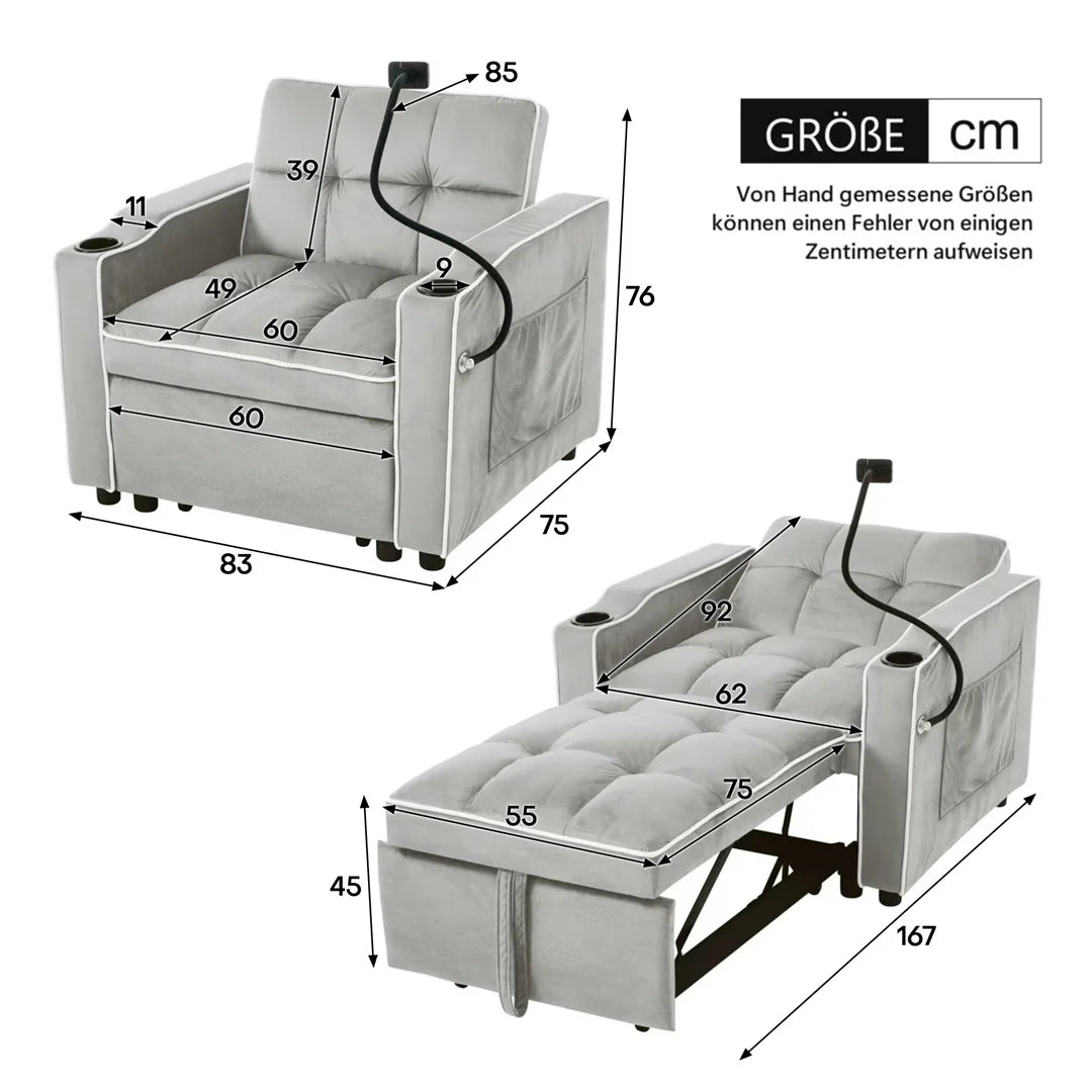 Three-in-one single-bed sofa, soft sleeper sofa, recliner sofa, backrest sofa, suitable for living room, 83*167*76 cm
