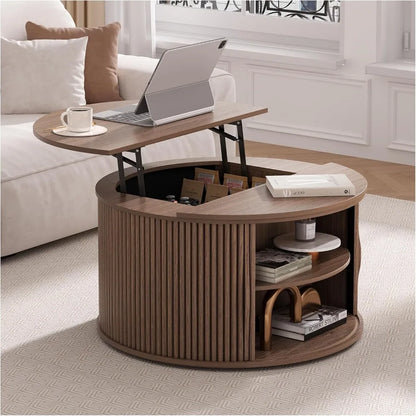 Round Coffee Table with Storage,Fluted Center Table with Sliding Cabinet Door for Living Room,Home Small Space