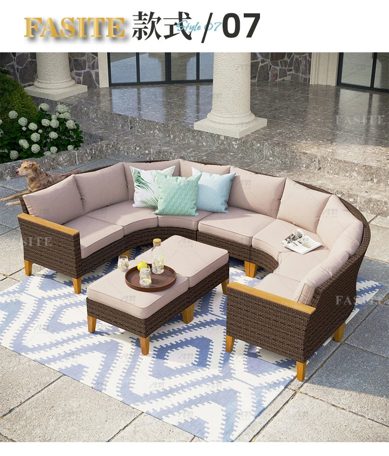 Sofa, courtyard, garden, leisure, outdoor living room, semi circular curved rattan chair, terrace, outdoor furniture combination
