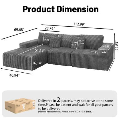 Modern Minimalist Sectional Sofa: L-Shape Cloud Couch with Deep Seats Right Chaise - Black