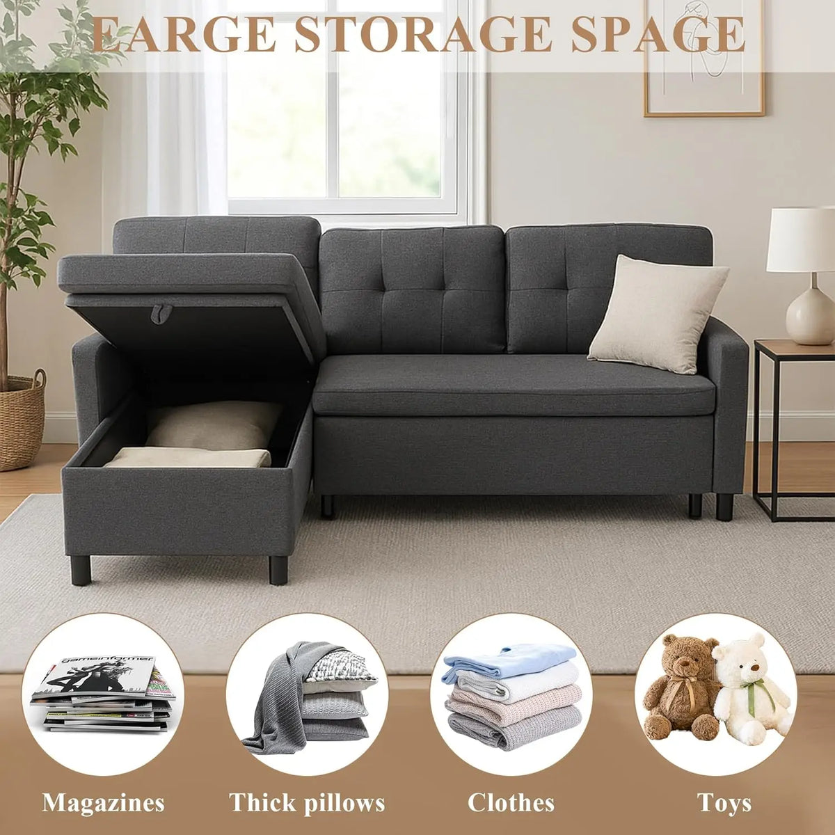 Sleeper Sofa Couch, Oversized Pull-Out Bed with Storage Chaise, Sectional Design for Living Room, Customized