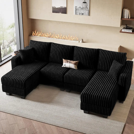 U Shaped Couch with Reversible Chaises Sectional Couches for Living Room Sectional Couch with Ottomans Corduroy (Black, U Shaped