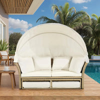Outdoor Canopy Bed Patio Daybed with 4 Pillows, Wicker Rattan Double Daybed Round Sofa Furniture Set with Retractable Canopy, 2