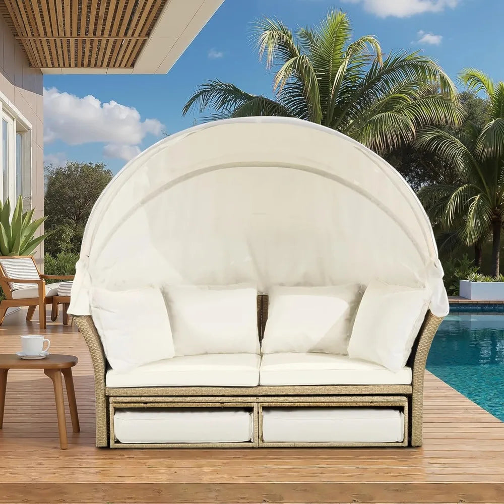 Outdoor Canopy Bed Patio Daybed with 4 Pillows, Wicker Rattan Double Daybed Round Sofa Furniture Set with Retractable Canopy, 2