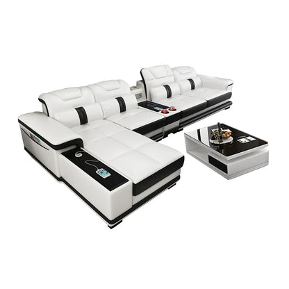 Customizable MANBAS Luxury Italian Genuine Leather Sectional Sofa Set with Bluetooth Speaker and USB Ports