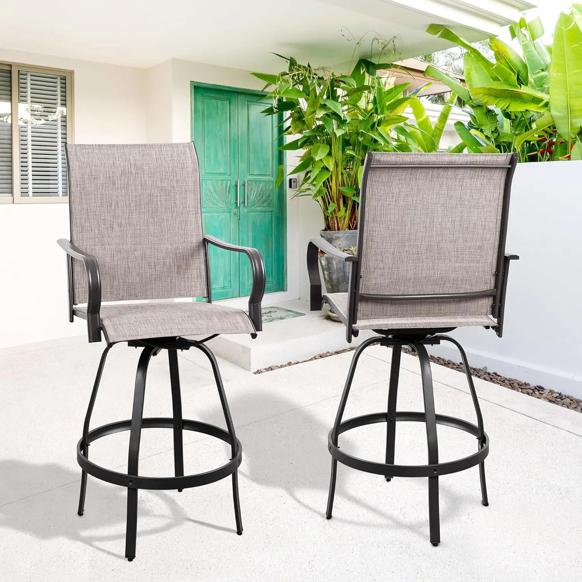 All-Weather Metal Textile High Swivel Bar Stools, 2-Piece Patio Swivel Chairs, Outdoor Bistro Set for Backyard