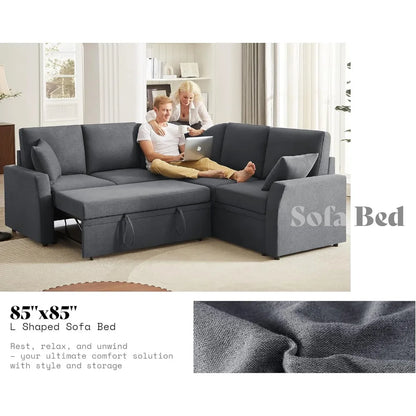 Sofa Bed, 85 Inch Reversible L Shape Couch with Pull Out Bed & Storage Seat,