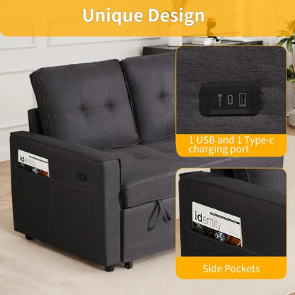 Convertible Sofa Bed with USB, Reclining Backrest & Storage Pockets - 3-in-1 Sleeper for Small Spaces (Dark Grey)