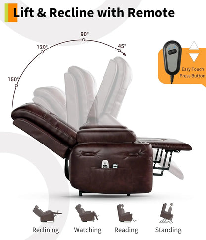 Power Lift Recliner Chair Heat and Massage, PU Leather, Adjustable Back and Legs, Electric Lift Chair Designed for The Elderly