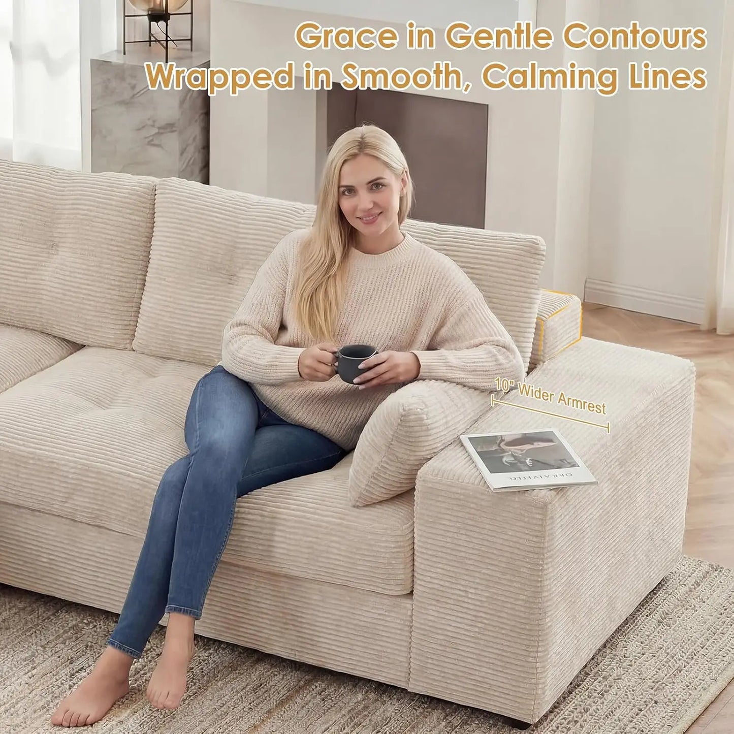 Redlife 100" L-Shaped Modular Sectional Sofa with Ottoman, 3-Seat Corduroy Couch with 30D High-Density Foam, No, Customized