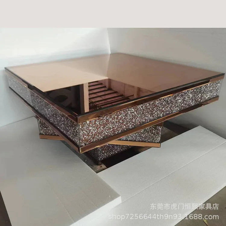 2024 hot sale modern light luxury rose gold 3D three-dimensional mirror rhinestone glass living room square coffee table corner