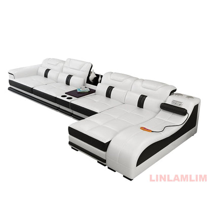 Sectional Sofa with Massage Chaise Lounge, Cup Holder, USB, Adjustable Headrests – Italian Genuine Leather Living Room Couch