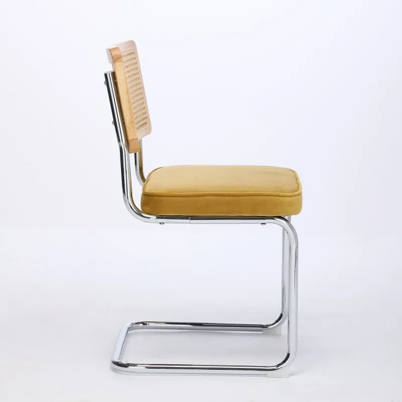 mid Century Modern Dining Chairs Set of 2 Velvet Accent Chairs Natural Cane Back Stainless Chrome Base Breuer De Famous Design