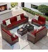 QAZ8-7 Piece Patio Furniture Set Fire Pit Table. Outdoor Conversation Sets Wicker Rattan Sectional Sofa with Coffee TSZ