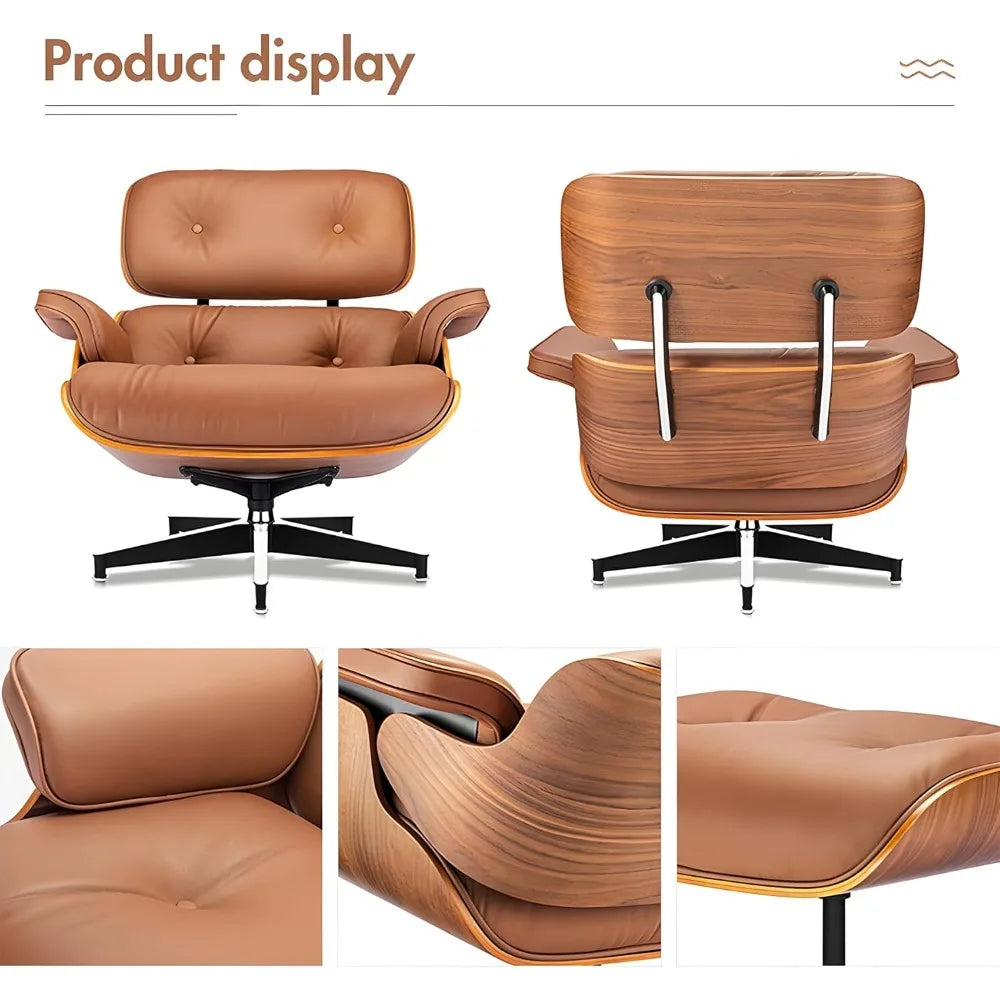 Top Grain Leather, Mid Century Chaise Lounge Chair and Ottoman, Modern Chair Classic Design, Heavy Duty Base Support for Living