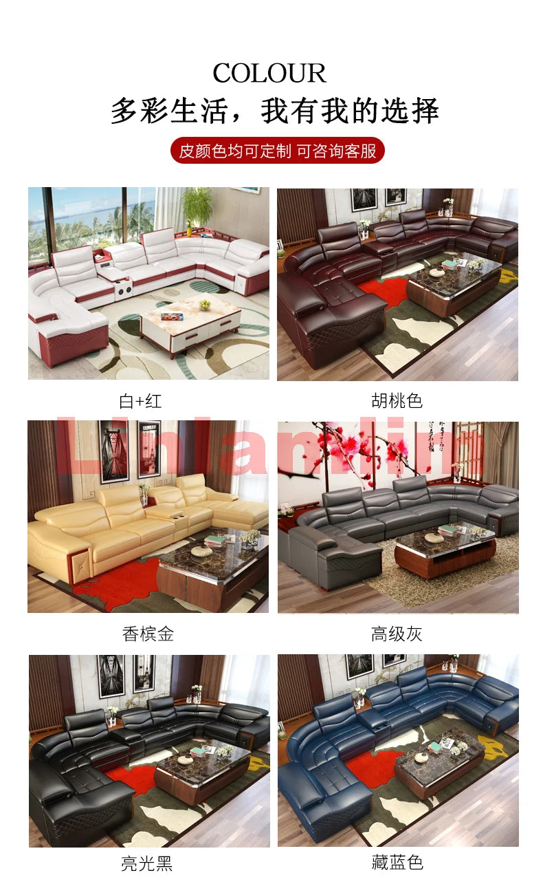 MANBAS Italian Cow Genuine Leather Couch Set Big Sofas Modernos Para Sala with Speaker, Bluetooth Audio, USB Charging,Storage
