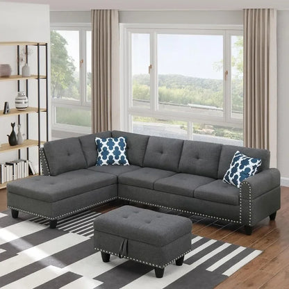 4-Seat Linen Sectional Sofa Set 3 Pieces with Cup Holders and Coffee Table for Home Office Dark Gray