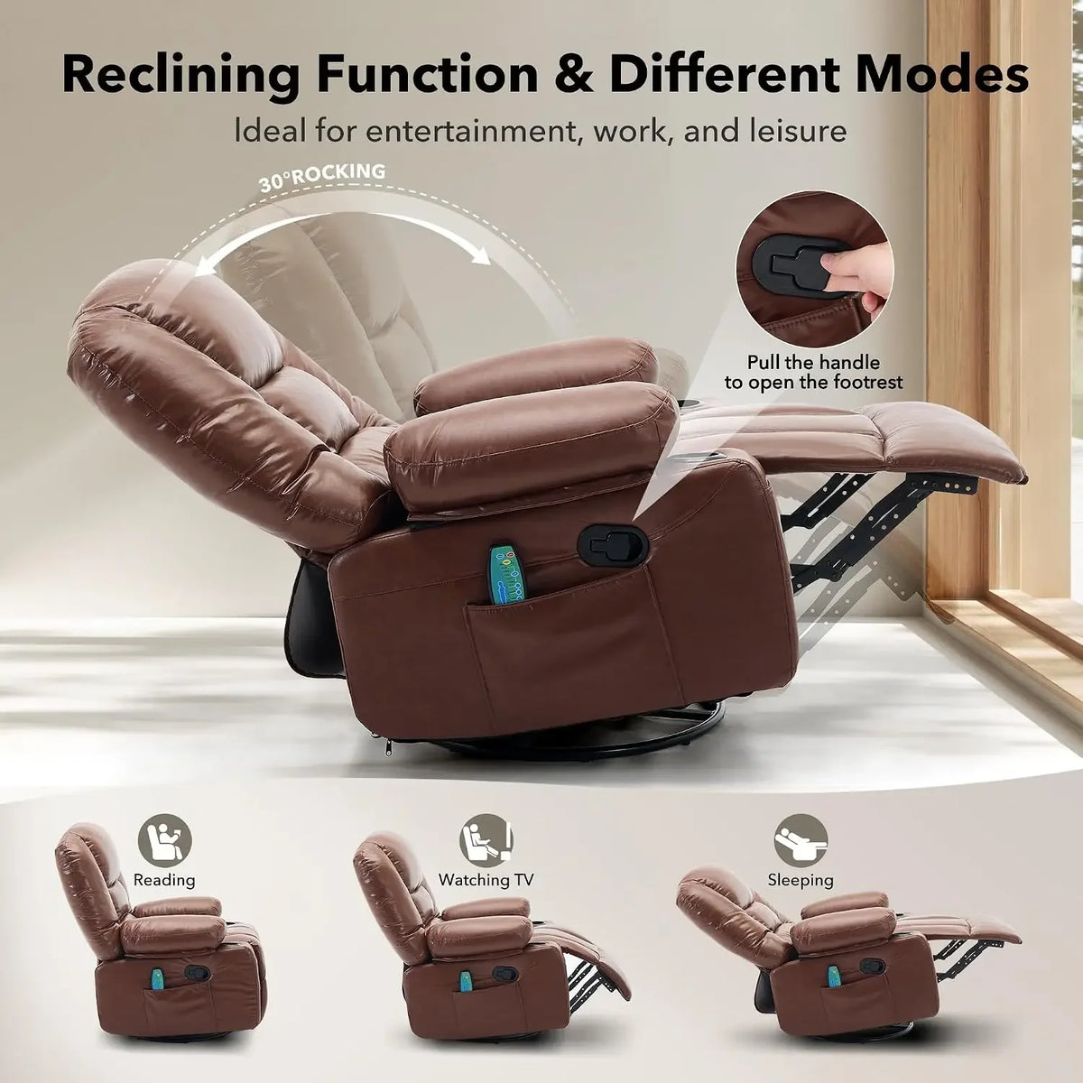 Oversized Recliner Chair Heat Vibration Massage PU Leather Manual Swivel Rocker Cup Holders Side Pocket Brown