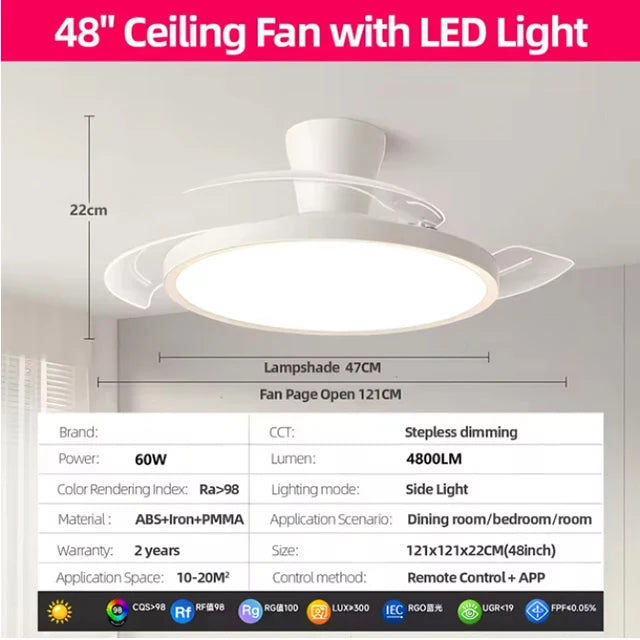 Ultra Thin Ceiling Fan lamps Retractable Fan Blade with Remote Control Fan for Room Bedroom Living Room Led Lighting AC95-260V