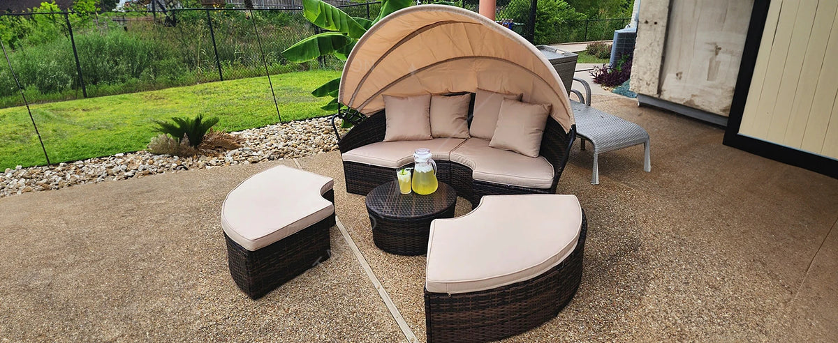 Terrace Circular Sofa Bed with  Canopy, Brown Wicker Furniture